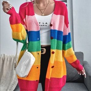 Button Front Drop Shoulder Rainbow Stripe Cardigan 🌈